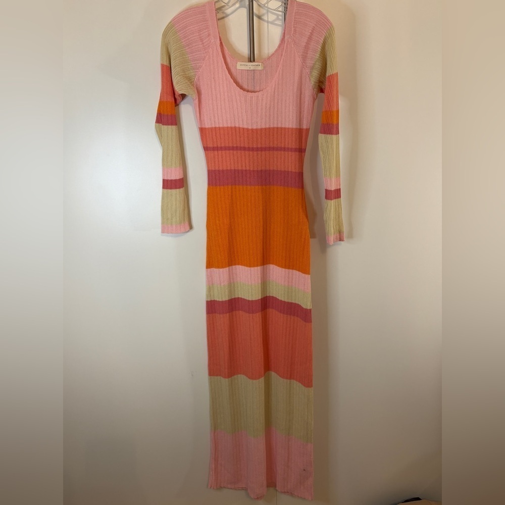 Stitch + Feather Ribbed Knit Colorblock Longsleeve Maxi Dress
